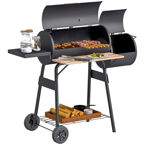 Outsunny Charcoal Grill with Offset Smoker, 231 Sq.In. Cooking Area, Barrel BBQ Grill and Smoker Combo with Side Tables, Shelf, Thermometer, Wheels for Outdoor Patio Backyard Party Event Gathering