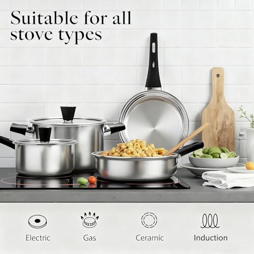 ASKSCICI Stainless Steel Cookware Set, 14-Piece Pots and Pans Set, Kitchen Cookware Set with Stay-Cool Handle, Non-Toxic, Dishwasher Safe & Compatible with All Stovetops (Gas, Electric & Induction)