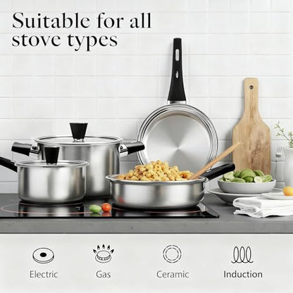 ASKSCICI Stainless Steel Cookware Set, 14-Piece Pots and Pans Set, Kitchen Cookware Set with Stay-Cool Handle, Non-Toxic, Dishwasher Safe & Compatible with All Stovetops (Gas, Electric & Induction)