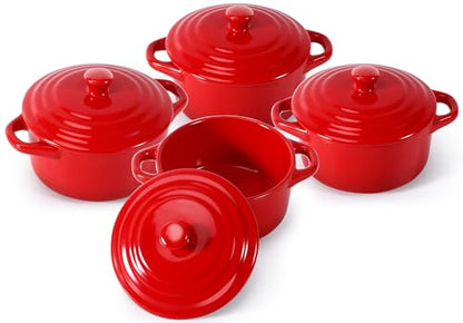 Gabotrie 4 Pcs Mini Cocotte Set, 16Oz Small Ceramic Casserole with Lids, Durable Soup Pot with Handle, Individual Baking Ramekins, Microwave, Oven & Dishwasher Safe, Red