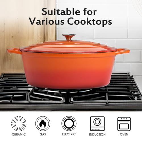 Enameled Oval Dutch Oven Pot with Lid, 8 QT Cast Iron Dutch Oven with Dual Handles for Cooking, Bread Baking, Frying, Non-stick Enamel Coated Oven (8 QT Orange)