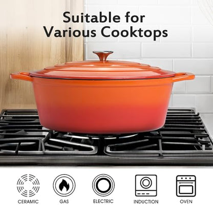 Enameled Oval Dutch Oven Pot with Lid, 8 QT Cast Iron Dutch Oven with Dual Handles for Cooking, Bread Baking, Frying, Non-stick Enamel Coated Oven (8 QT Orange)