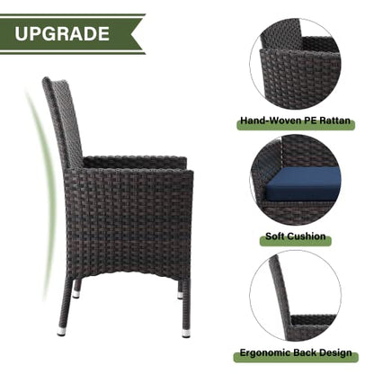 Kurapika 10-Piece Patio Furniture Outdoor Dining Set, Wicker Rattan Patio Dining Table and Chairs Set, Square Tempered Glass Tabletop with Umbrella Hole and 8 Chair Set, for Patio, Backyard, Navy Blue