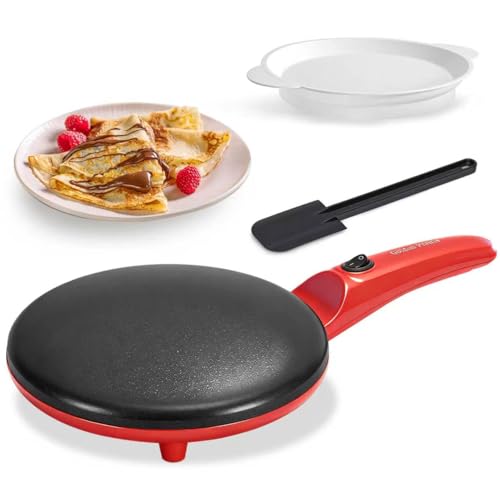 Crepe Maker Electric, 8" Crepe Pan Nonstick with Batter Spreader & Dipping Tray, 800W Quick Heat-Up & Auto Temperature Control for Perfect Pancakes, PFOA & BPA Free, Easy Clean Red