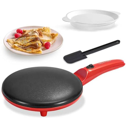 Crepe Maker Electric, 8" Crepe Pan Nonstick with Batter Spreader & Dipping Tray, 800W Quick Heat-Up & Auto Temperature Control for Perfect Pancakes, PFOA & BPA Free, Easy Clean Red