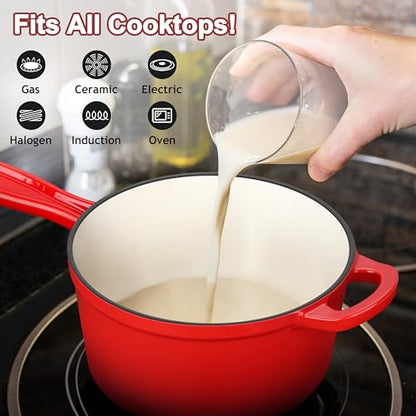 Enameled Cast Iron Sauce Pan with Lid, Leonyo 2 Quart Saucepan with Lid, Enamel Cast Iron Dutch Oven Kitchen Cookware for All Cooktops Making Pasta Sauce, Milk, Oatmeal - Up to 500°F & 6.7Lbs, Red