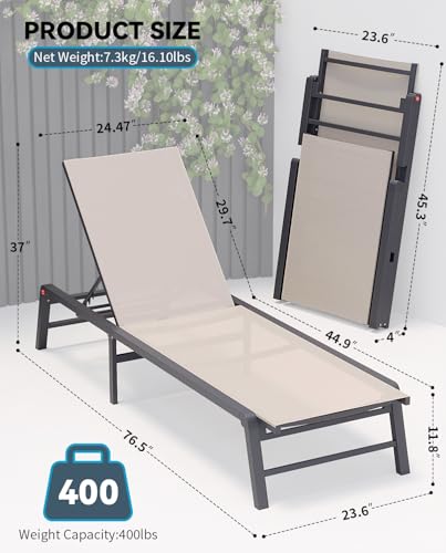 FHVIT Aluminum Chaise Lounge Chair Outdoor, Foldable Patio Lounge Chair Assemble-Free, Pool Lounge Chairs with 5 Adjustable Backrest, Outdoor Lounge Chairs for Outside Poolside Beach Lawn Beige