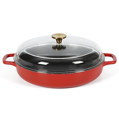 Sur La Table Kitchen Essentials Supper Club 3.75 Quart Enamel Cast Iron All In One Multi-Purpose Non-Toxic Nonstick Braiser Pan W/Borosilicate Glass Lid - Red