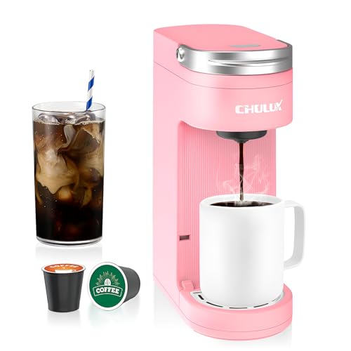 CHULUX Slim Single Serve Coffee Maker for K Pods, One Cup Coffee Maker Fits 7.3" Travel Mugs, Coffee Machine with 6 to 12oz Brew Sizes, Salmon Pink
