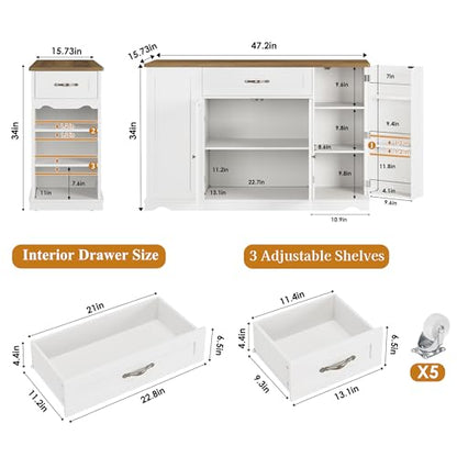HOSTACK Kitchen Island Cart with Storage, 47'' Kitchen Storage Island on Wheels with 2 Drawers, Rolling Island Table with Adjustable Shelves, Mobile Buffet Sideboard Cabinet for Dining Room, White