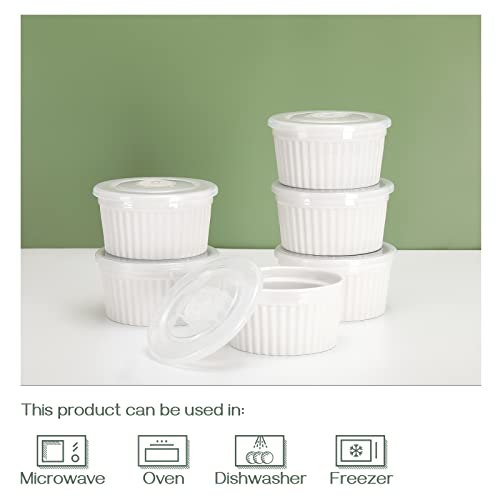 DOWAN Ramekins with Lids 6 oz Oven Safe, Creme brulee Souffle Dishes Ramekin with Covers, Porcelain Bowls for Baking Custard Cups, Set of 6, White