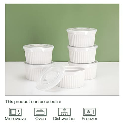 DOWAN Ramekins with Lids 6 oz Oven Safe, Creme brulee Souffle Dishes Ramekin with Covers, Porcelain Bowls for Baking Custard Cups, Set of 6, White
