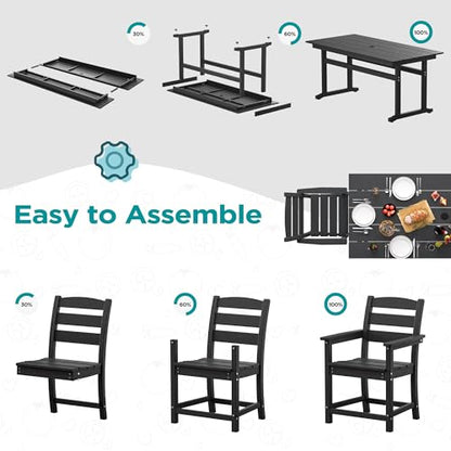nalone 7-Piece Patio Dining Table Set, HDPE Outdoor Dining Sets with Table and 6 Chairs, Dining Furniture Set with Umbrella Hole (Black, 7 Pcs)