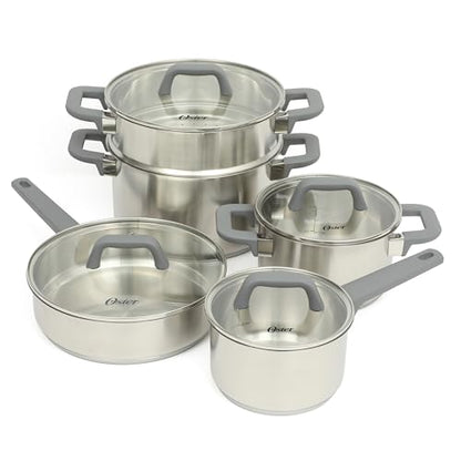 Oster Beauford 9-Piece Stainless Steel 5-Ply Encapsulated Base Cookware Set – Non-Toxic, Induction Compatible Pots and Pans with Stay-Cool Handles – Dishwasher Safe