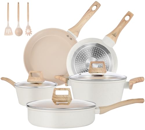 M MELENTA Pots and Pans Set Non Stick, Non-Toxic Ceramic Cookware Set, 11pcs Induction Cookware, Kitchen Cooking Set with Frying Pans, Saucepan, Stock Pot, PFOA Free & PFOS Free, Cream Color
