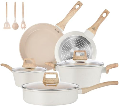 M MELENTA Pots and Pans Set Non Stick, Non-Toxic Ceramic Cookware Set, 11pcs Induction Cookware, Kitchen Cooking Set with Frying Pans, Saucepan, Stock Pot, PFOA Free & PFOS Free, Cream Color