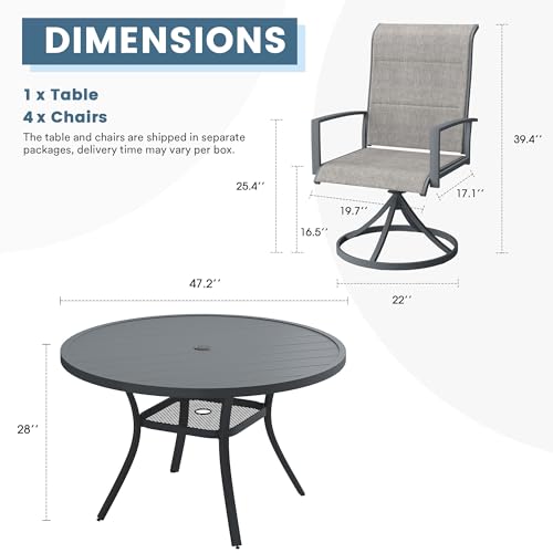 DIFY 5 Piece Outdoor Patio Dining Set for 4, 47.2" Round Metal Dining Table and Swivel Patio Chairs with Padded Textilene, All-Weather Outdoor Furniture Set for Garden Backyard Porch, Grey