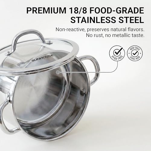 SUNHOUSE Whole-Clad 12-Quart Stainless Steel Stock Pot with Lid - Professional Whole Body Clad Stock Pot - Induction Ready, Oven Safe Dishwasher Safe Cooking Pot