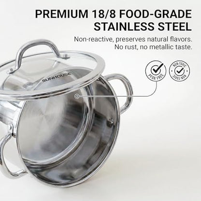 SUNHOUSE Whole-Clad 12-Quart Stainless Steel Stock Pot with Lid - Professional Whole Body Clad Stock Pot - Induction Ready, Oven Safe Dishwasher Safe Cooking Pot
