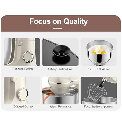 10 Speeds Stand Mixer With Bowl 6.5QT Stainless Steel, Electric Kitchen Stand Up Mixer for Baking Cakes Cookie Bread Salad Food with Egg Whisk, Dough Hook, Flat Beater - Portable Baking Mixers White