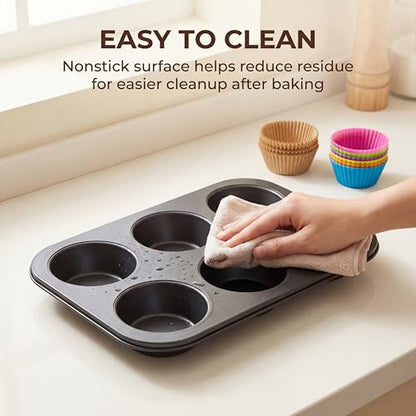 PIGOABZ 2 Pack Jumbo Muffin Pan, 6 Cup Nonstick Texas Muffin Pans with 12 Reusable Silicone Muffin Cups and 100 Paper Liners, Jumbo Cupcake Baking Pans for Large Muffins (X-Large)