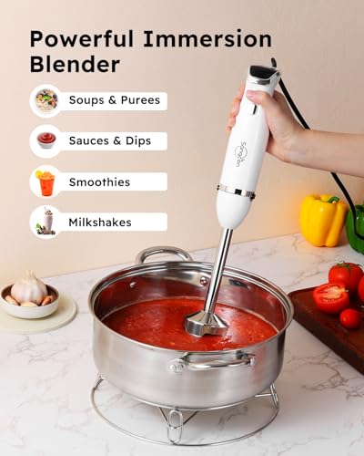 Sangcon Immersion Blender Handheld, 3-in-1 Hand Blender Electric, 400W Handheld Licuadora de mano, Stainless Steel Blade Stick Mixer with Whisk, Milk Frother Attachments White