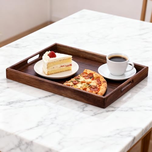 Wooden Serving Tray with Handles, Wood Decorative Trays for Coffee Table Tray, Rectangular Food Trays for Party Platters, Breakfast in Bed, Couch, Ottoman, Dinner, Appetizers, Decor(15.7x11.8x1.6)