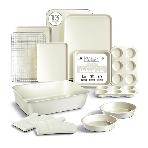 Country Kitchen Nonstick Stackable Bakeware Set - Deluxe Heavy Duty, Durable, Easy Release Baking Set, Cream, 13 Pcs