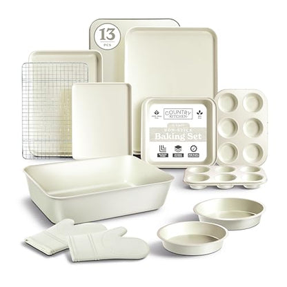 Country Kitchen Nonstick Stackable Bakeware Set - Deluxe Heavy Duty, Durable, Easy Release Baking Set, Cream, 13 Pcs