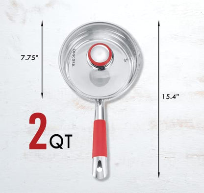 Concord 2 Quart Stainless Steel Saucepan with SIMPLE POUR Vented Glass Lid. Features Dual Pouring Spouts and Volume Marking. Perfect for making Sauces, Jam, Ramen, and more