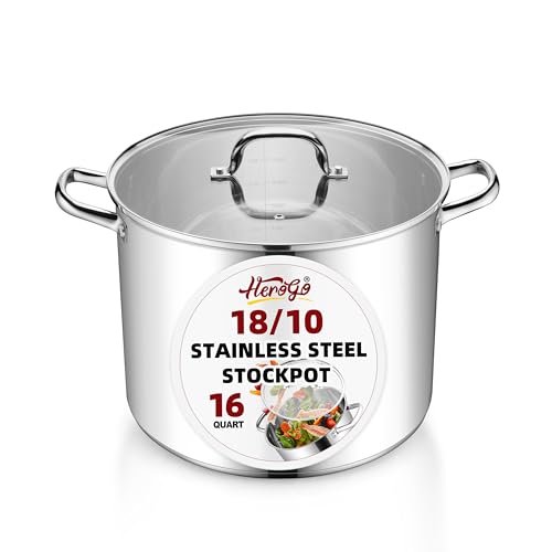 Herogo 16-Quart 18/10 Stainless Steel Stock Pot with Lid, Large Heavy Duty Soup Pot Compatible with Electric, Gas, Induction and Gas Cooktops, Non-Toxic & Corrosion Resistant, Dishwasher Safe