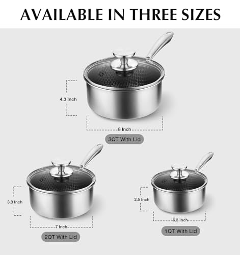 KOCH SYSTEME CS Hybrid Nonstick Stainless Steel Saucepan Set, 6-Piece Triply Stainless Steel Saucepan Set with Hybrid Honeycomb Interior, 1QT & 2QT & 3QT Sauce Pans, Induction Ready, Steel Pot Set