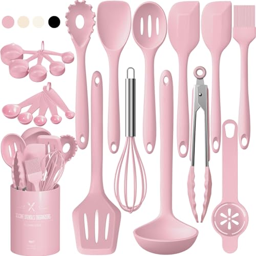 Umite Chef 22-Piece Silicone Cooking Utensils Set, Heat Resistant & Dishwasher Safe Kitchen Tools, Non-Scratch Spatula Set for Nonstick Cookware (Pink)