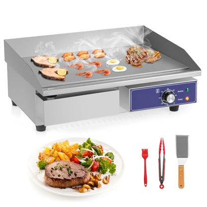 Happygrill 22" Commercial Electric Griddle, Stainless Steel Flat Top Grill w/Adjustable Temperature Control 122℉-572℉, Complete Accessories, 2000 W Electric Countertop Griddle for Kitchen Restaurant