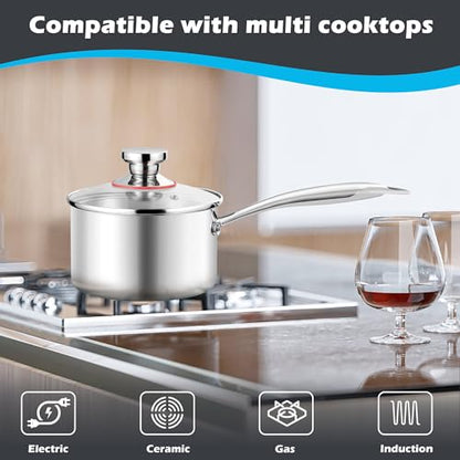 E-far 1-Quart Saucepan, Tri-Ply Stainless Steel Sauce Pan with Glass Lid, Small Cooking Induction Pot Compatible with All Cooktops, Non Toxic, Oven & Dishwasher Safe