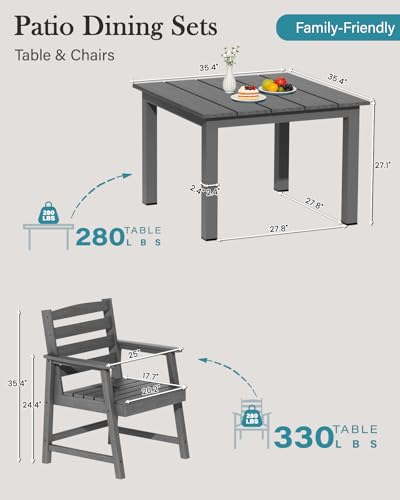 LOUNZY 5-Piece HDPE Patio Dining Set - Outdoor Square Table with 2" Hole Cut-Out & 4 Chairs,Gray