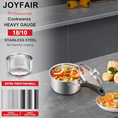 2 Quarts 18/10 Stainless Steel Saucepan, Joyfair Small Sauce Pan Milk Pot with Glass Lid for Cooking Stewing Boiling Spaghetti Soup, Extra Pan Wall & Heat-proof Bakelite Handle, Dishwasher Safe