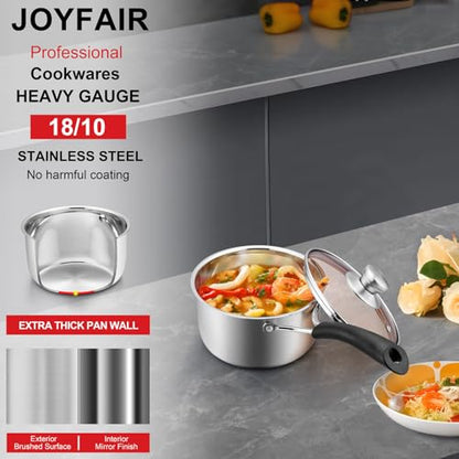 2 Quarts 18/10 Stainless Steel Saucepan, Joyfair Small Sauce Pan Milk Pot with Glass Lid for Cooking Stewing Boiling Spaghetti Soup, Extra Pan Wall & Heat-proof Bakelite Handle, Dishwasher Safe