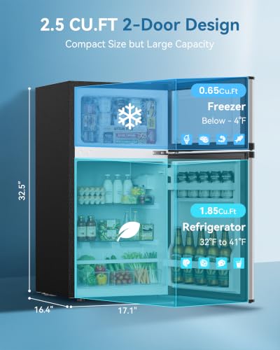 Feelfunn 2.5 Cu.Ft Mini Fridge with Freezer, 2 Door Dorm Fridge, Silver