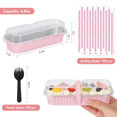 YQER 100 Pack Mini Loaf Pans with Lids and Spoons Sealing Sticker, 6.8oz Mini Cake Pans for Baking, Disposable Aluminum Foil Loaf Pans, Pink Loaf Baking Pans, Small Cake Containers With Lids