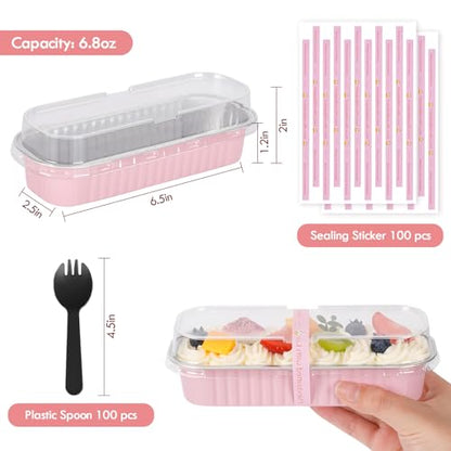 YQER 100 Pack Mini Loaf Pans with Lids and Spoons Sealing Sticker, 6.8oz Mini Cake Pans for Baking, Disposable Aluminum Foil Loaf Pans, Pink Loaf Baking Pans, Small Cake Containers With Lids