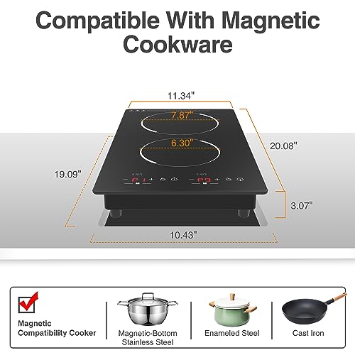 GIHETKUT Double Induction Cooktop,110V 2 Burner Induction Cooktop,2300W Electric Stove Top with Independent Control, Ultrathin Body, 9 Temperature, Multiple Power Levels, 2 Hour Timer, Safety Lock
