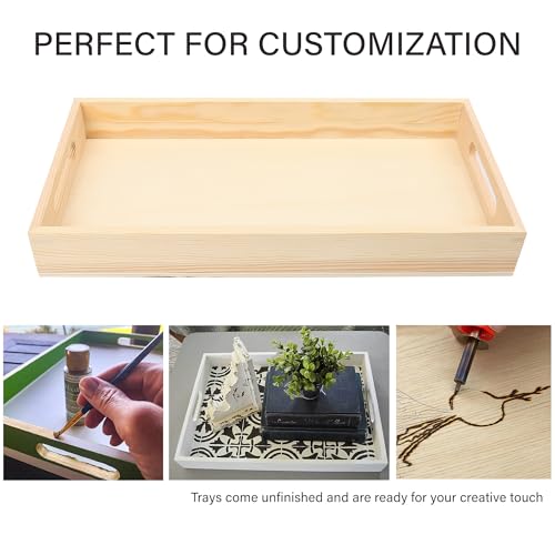 LotFancy Wooden Nested Serving Trays, Set of 5, Unfinished Natural Wood Trays with Handles, for Craft and Decor, Food Organizer for Breakfast, Lunch, Dinner