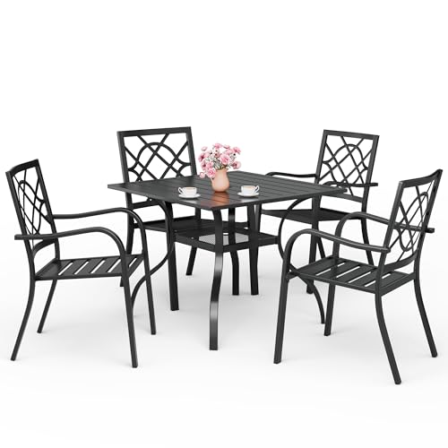 Oakcloud 5-Piece Patio Dining Set, Outdoor Metal Furniture Dining Table Set 4 Stackable Patio Dining Chairs and Square Dining Table with Umbrella Hole, Black