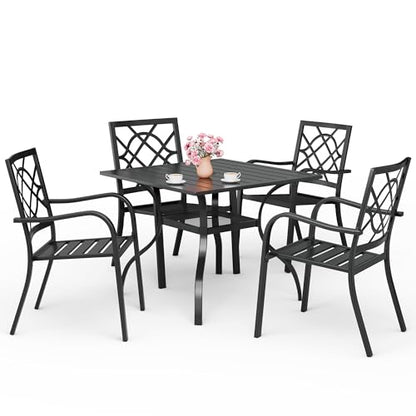 Oakcloud 5-Piece Patio Dining Set, Outdoor Metal Furniture Dining Table Set 4 Stackable Patio Dining Chairs and Square Dining Table with Umbrella Hole, Black