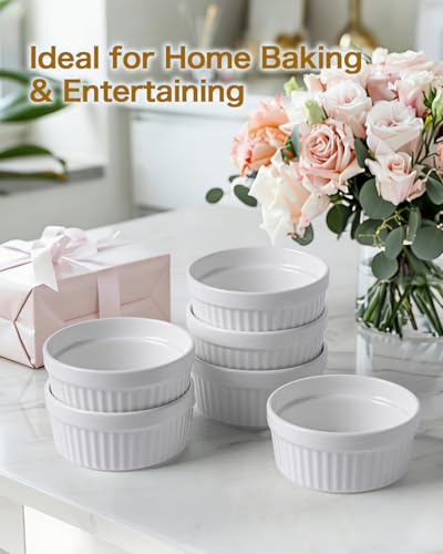 KITCHENLESTAR 7 oz Ramekins Set of 6, Oven Safe Porcelain Ramekin Bowls for Creme Brulee, Souffle & Custard, Dessert Cups & Dipping Sauce Dishes, Stackable, Soft White