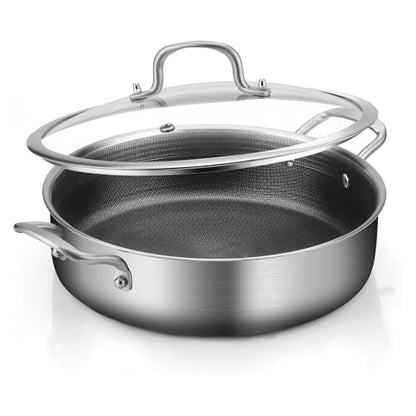 Yeksum 8-Quart Tri-Ply 18/10 Stainless Steel Saute Pan 13-Inch Nonstick Skillet with Lid, Even Heat, Induction Ready, Dishwasher & Oven Safe