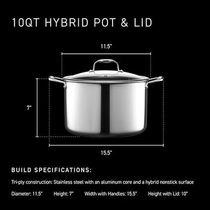 HexClad Hybrid Nonstick 10-Quart Stockpot with Tempered Glass Lid, Stay-Cool Handles, Dishwasher-Friendly, Oven-Safe Up to 900°F, Induction Ready, Compatible with All Cooktops