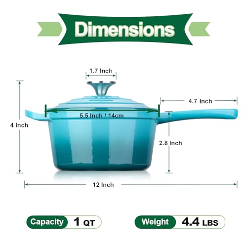 HaSteeL 1 QT Cast Iron Saucepan, Mini Enamel dutch oven with lid, Small Non Stick Pan for Milk, Pasta Tomato Sauce, Butter, Breakfast, Soup, Suitable for Boiling Stewing Frying, Easy to Clean, Green
