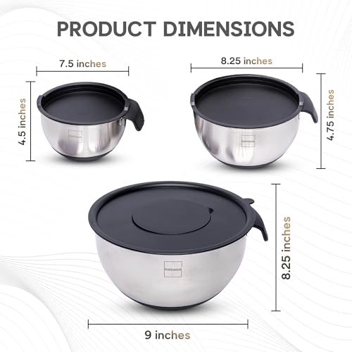 Robinesse Stainless Steel Mixing Bowls Set of 3, Large Nesting Bowls with Airtight Lids for Food Prep, Cooking, Baking, Salad, and Outdoor Dining (Black, 3 Pcs)